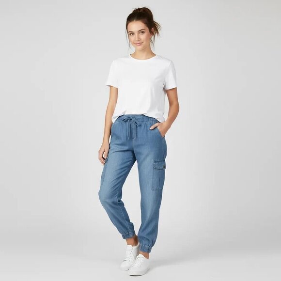 Republic Pants - For The Republic Denim Tencel Lyocell Blue Denim Cargo Jogger Pants Sz Small NWT